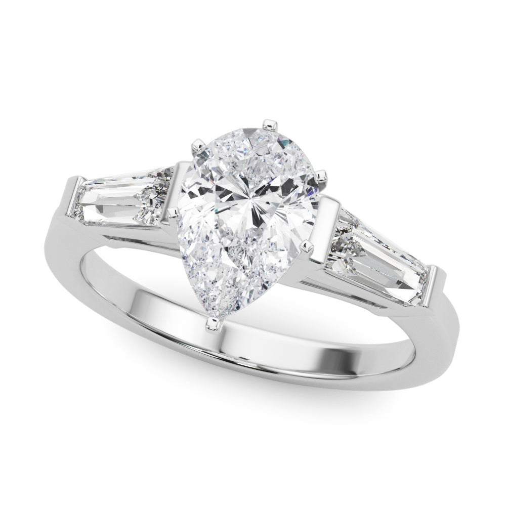 Silver Pear Cut Diamond Solitaire Ring with Tapered Baguette Accents and Six-Prong Setting 2