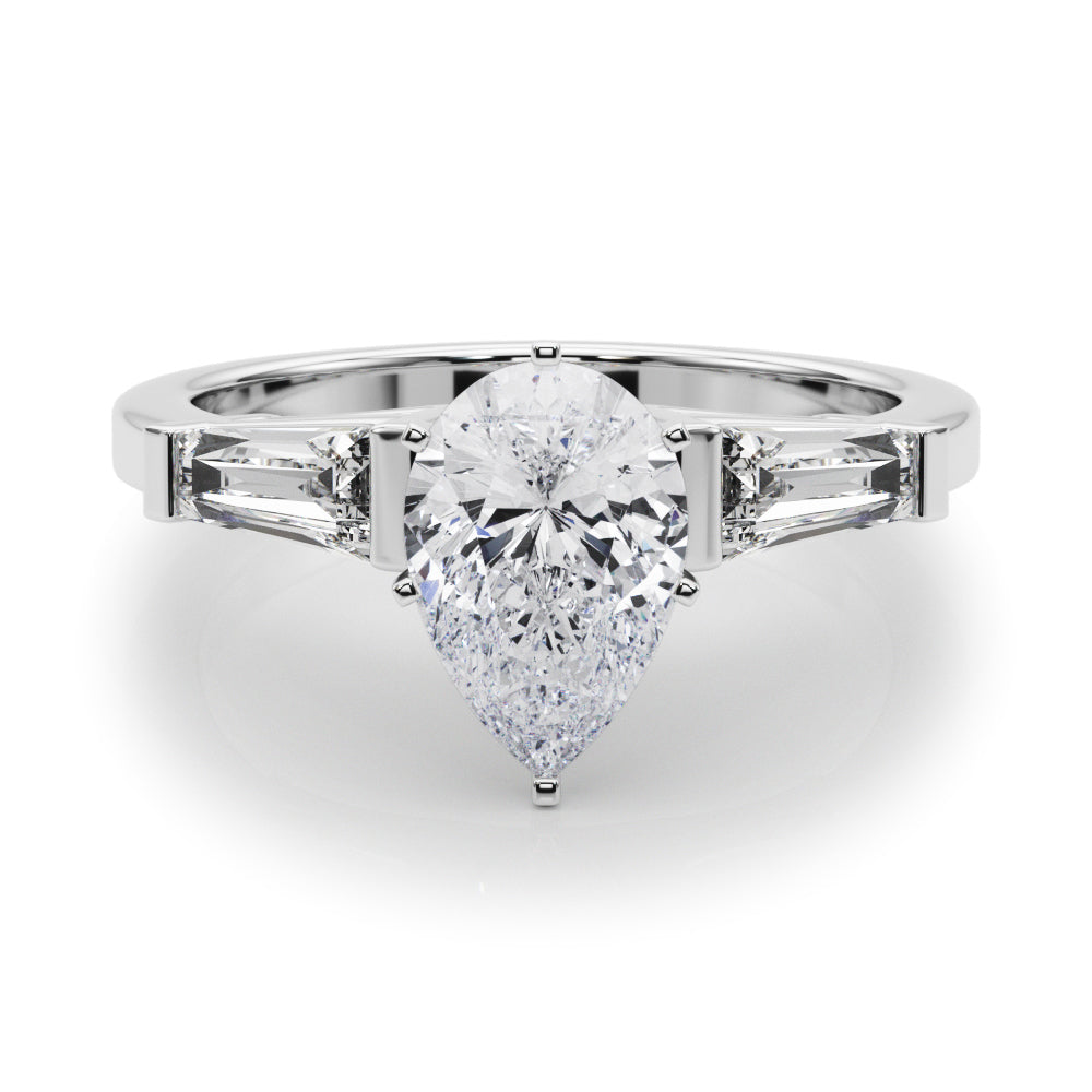 Silver Pear Cut Diamond Solitaire Ring with Tapered Baguette Accents and Six-Prong Setting