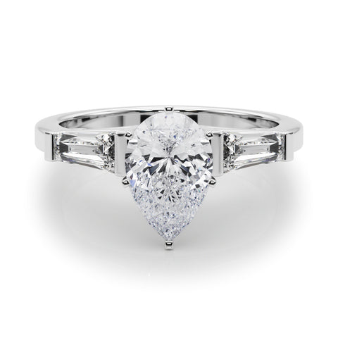 Silver Pear Cut Diamond Solitaire Ring with Tapered Baguette Accents and Six-Prong Setting