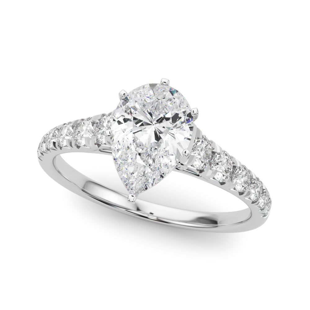 Silver Pear Cut Diamond Solitaire with Pave Band and Four-Prong Setting 2