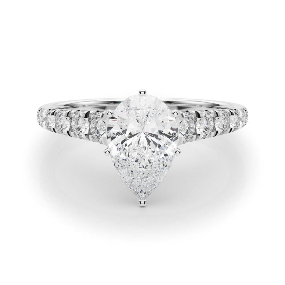Silver Pear Cut Diamond Solitaire with Pave Band and Four-Prong Setting