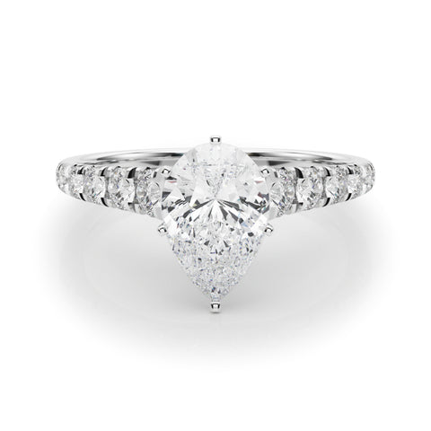 Silver Pear Cut Diamond Solitaire with Pave Band and Four-Prong Setting