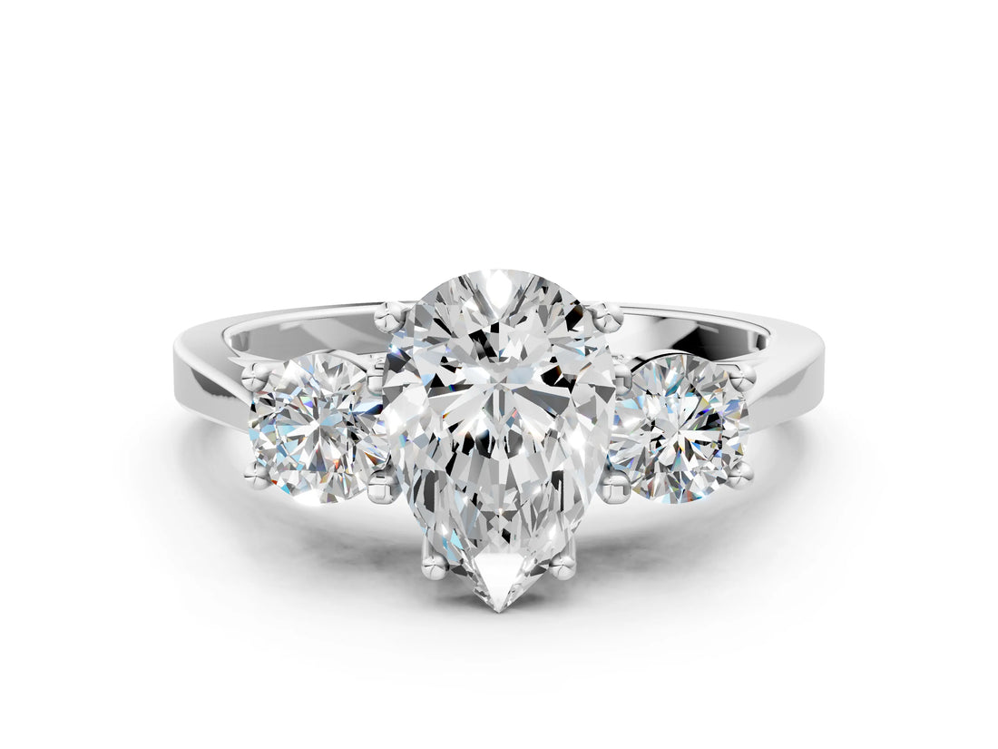 Silver Pear Cut Diamond Three-Stone Engagement Ring with Prong Setting and Pavé Band_31