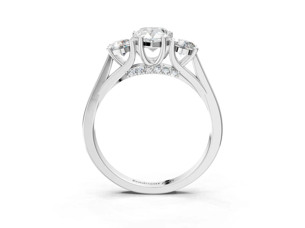 Silver Pear Cut Diamond Three-Stone Engagement Ring with Prong Setting and Pavé Band
