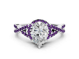 Silver Pear Cut Diamond with Amethyst side stone Halo Twist Band Solitaire Prong Setting Ring