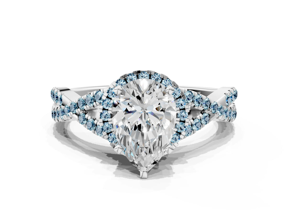 Silver Pear Cut Diamond with Aquamarine side stone Halo Twist Band Solitaire Prong Setting Ring