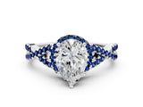 Silver Pear Cut Diamond with Blue Sapphire side stone Halo Twist Band Solitaire Prong Setting Ring