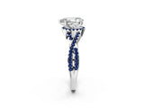 Silver Pear Cut Diamond with Blue Sapphire side stone Halo Twist Band Solitaire Prong Setting Ring_2