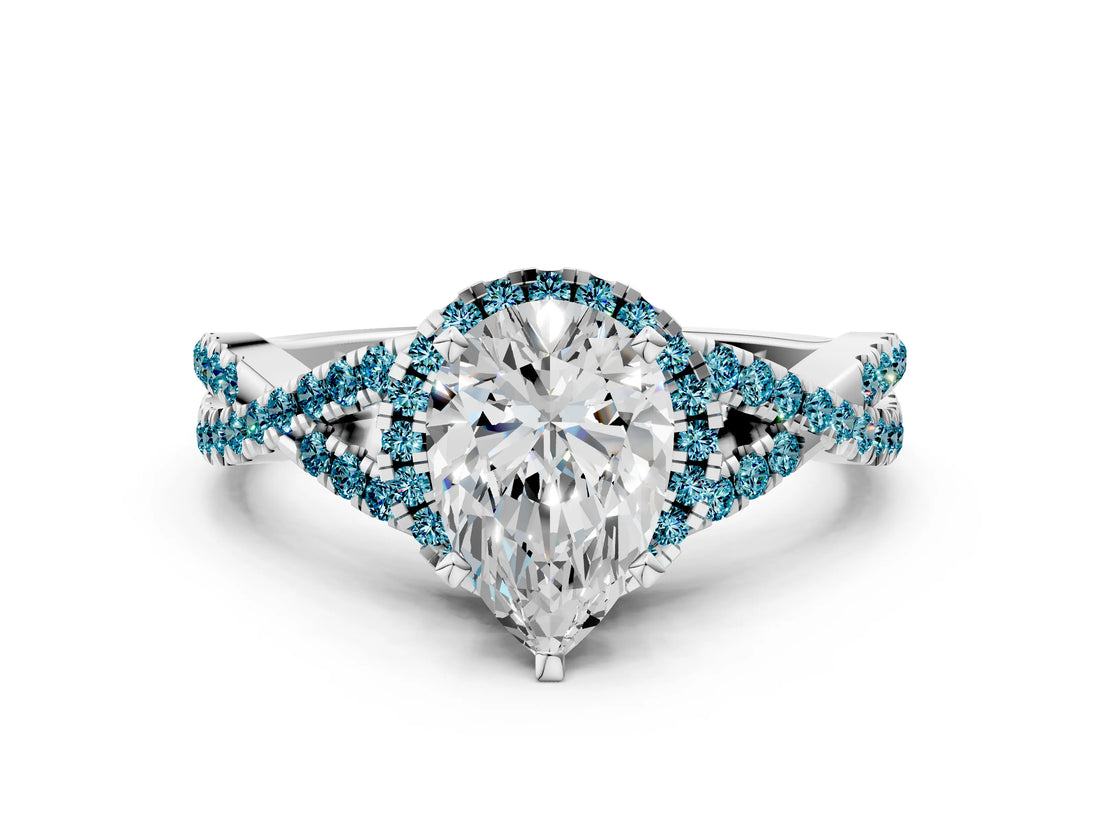 Silver Pear Cut Diamond with Blue Topaz side stone Halo Twist Band Solitaire Prong Setting Ring