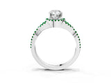 Silver Pear Cut Diamond with Emerald side stone Halo Twist Band Solitaire Prong Setting Ring_3