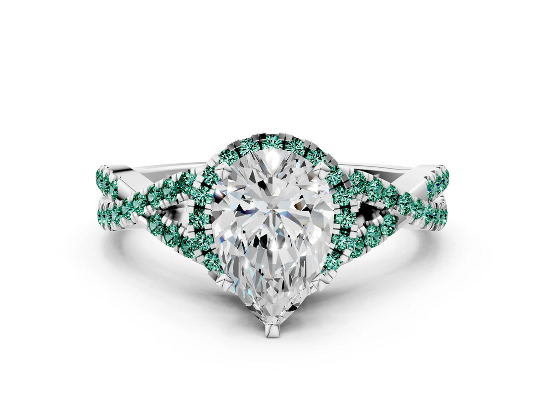 Silver Pear Cut Diamond with Green Sapphire side stone Halo Twist Band Solitaire Prong Setting Ring