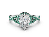 Silver Pear Cut Diamond with Green Sapphire side stone Halo Twist Band Solitaire Prong Setting Ring