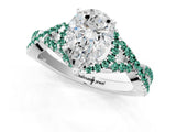 Silver Pear Cut Diamond with Green Sapphire side stone Halo Twist Band Solitaire Prong Setting Ring_1