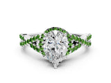 Silver Pear Cut Diamond with Peridot side stone Halo Twist Band Solitaire Prong Setting Ring