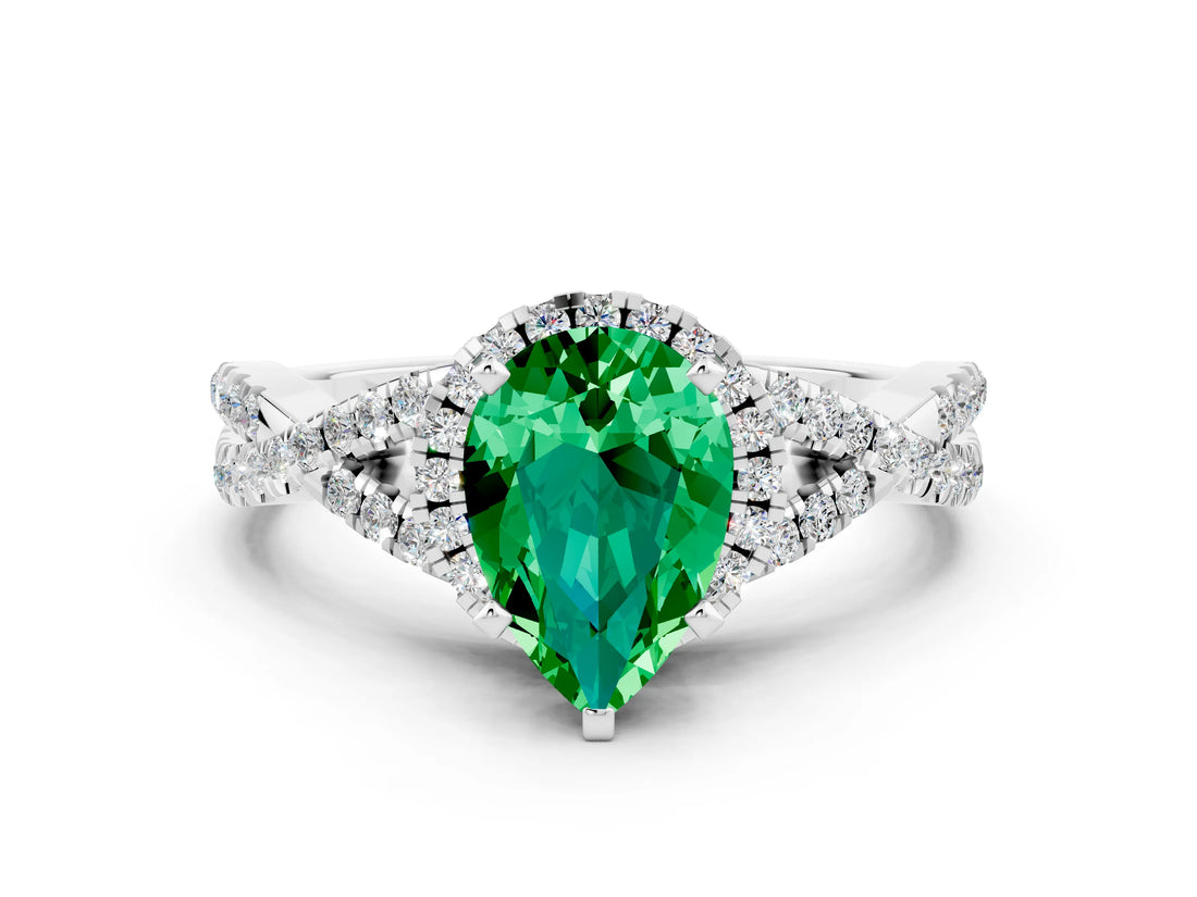 Silver Pear Cut Emerald  Halo Twist Band Solitaire Prong Setting Ring_12