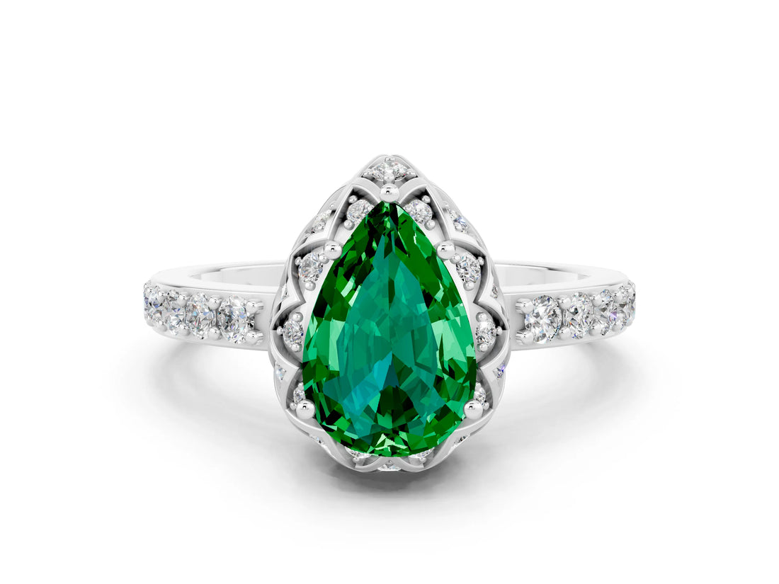 Silver Pear Cut Emerald Scalloped Halo Engagement Ring with Round Shared Prong Band_54