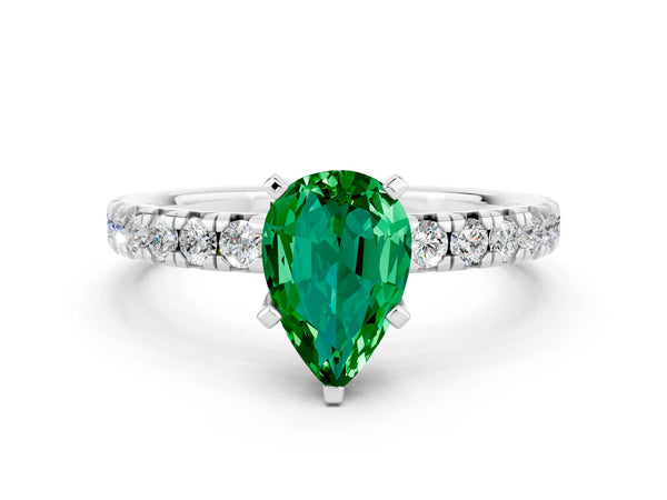 Sterling Silver Pear-Shaped Lab-Grown Emerald Solitaire Engagement Ring with Large Round Accent Band