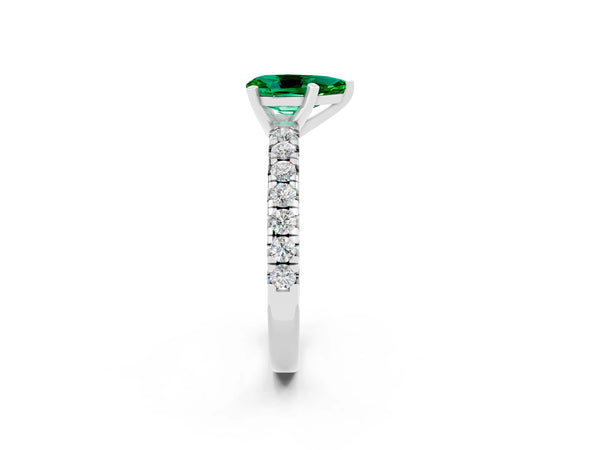 Sterling Silver Pear-Shaped Lab-Grown Emerald Solitaire Engagement Ring with Large Round Accent Band
