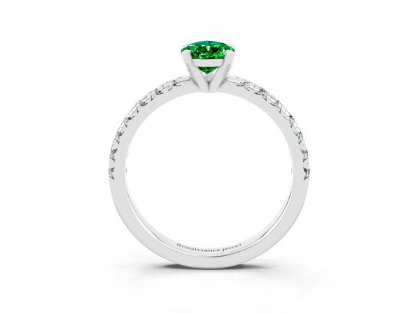Sterling Silver Pear-Shaped Lab-Grown Emerald Solitaire Engagement Ring with Large Round Accent Band