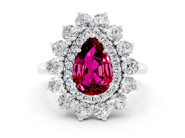 Silver Pear Cut Garnet Floral Double Halo Engagement Ring with Prong Setting
