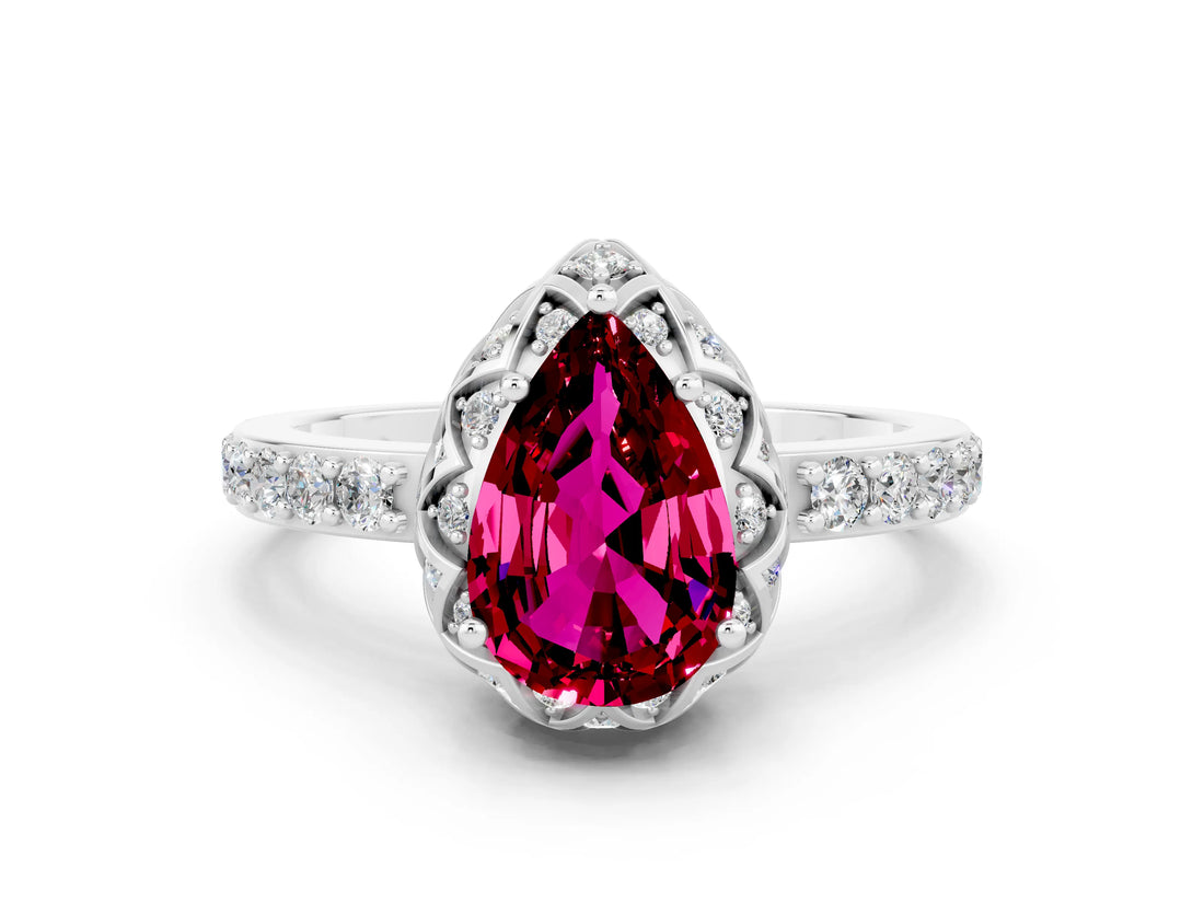 Silver Pear Cut Garnet Scalloped Halo Engagement Ring with Round Shared Prong Band_78