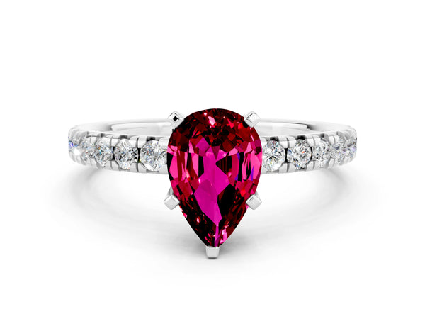 Silver Pear Cut Garnet Solitaire Pavé Engagement Ring with Round Band and Prong Setting