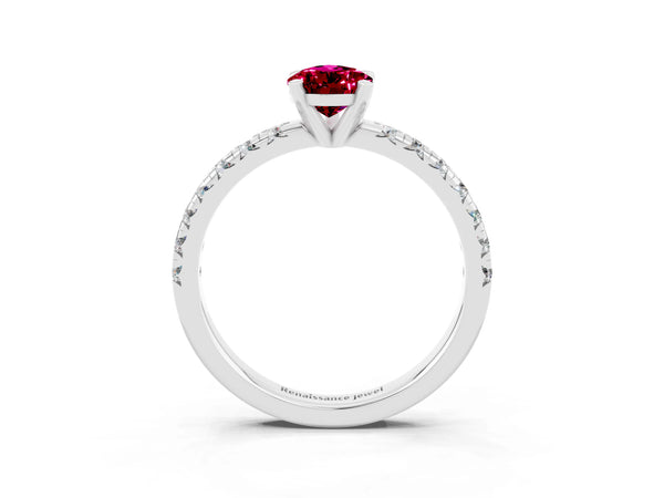 Silver Pear Cut Garnet Solitaire Pavé Engagement Ring with Round Band and Prong Setting