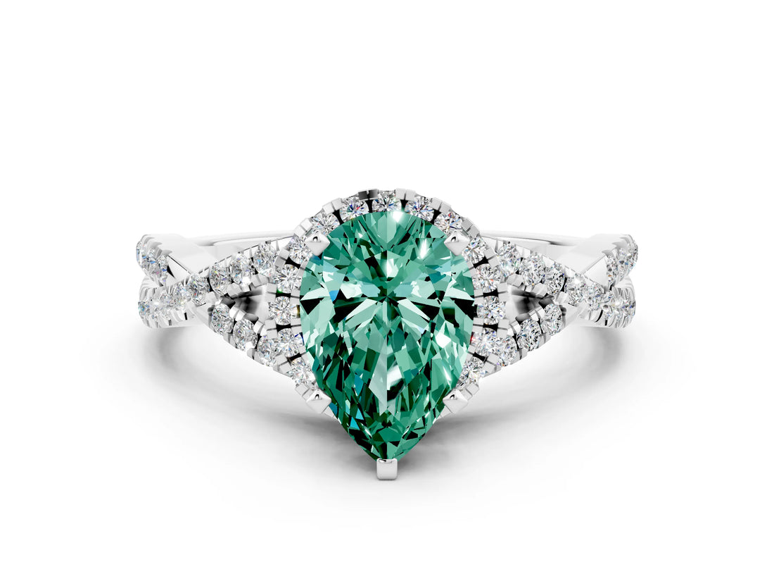 Silver Pear Cut Green Sapphire  Halo Twist Band Solitaire Prong Setting Ring_12