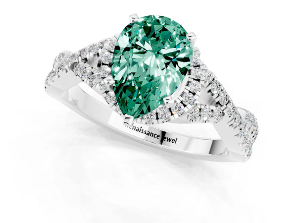 Silver Pear Cut Green Sapphire  Halo Twist Band Solitaire Prong Setting Ring