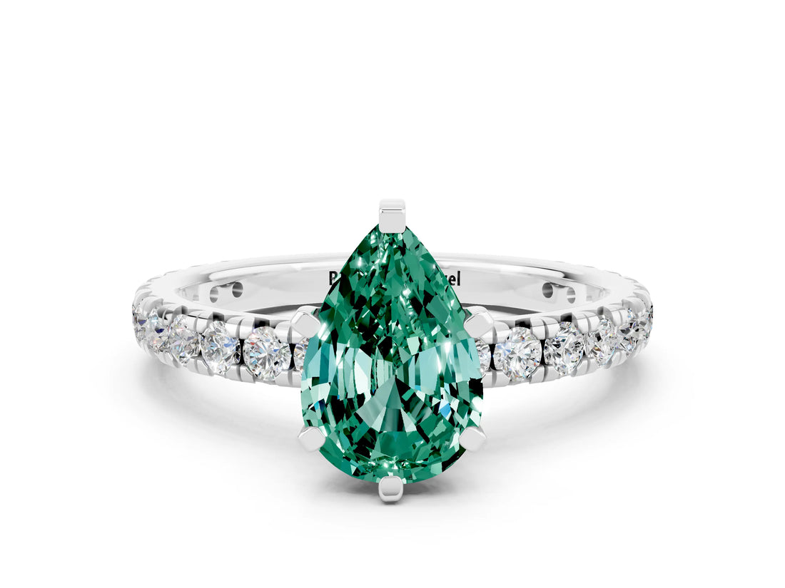 Silver Pear Cut Green Sapphire Pavé Solitaire Ring with Round Band and Prong Setting_42