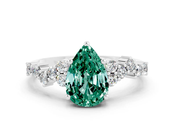 Silver Pear Cut Green Sapphire Scattered Round Accent Ring with Prong Setting