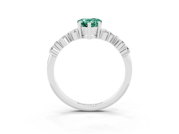 Silver Pear Cut Green Sapphire Scattered Round Accent Ring with Prong Setting