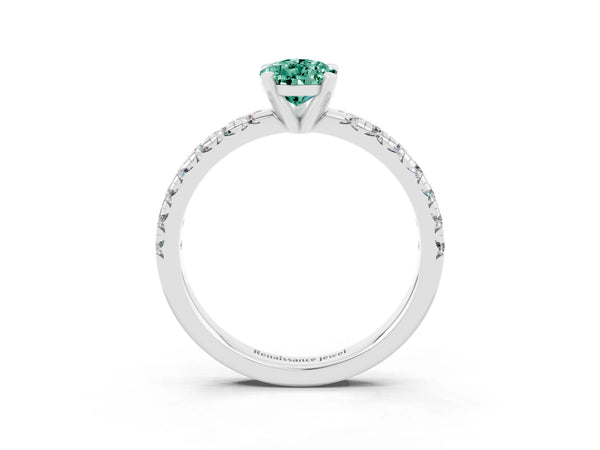 Silver Pear Cut Green Sapphire Solitaire Pavé Engagement Ring with Round Band and Prong Setting