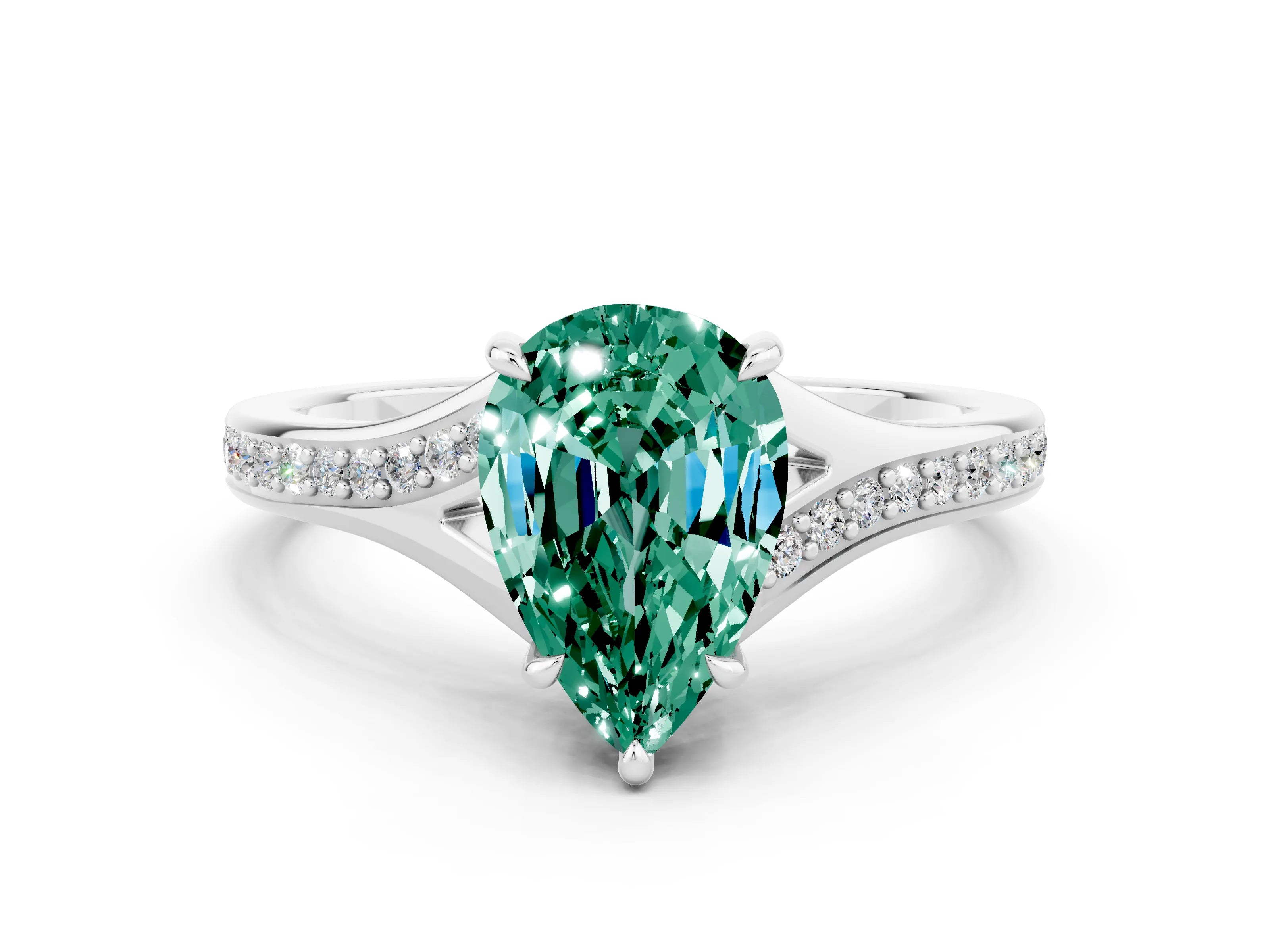 Silver Pear Cut Green Sapphire Solitaire Ring with Pavé Band and Prong Setting_12