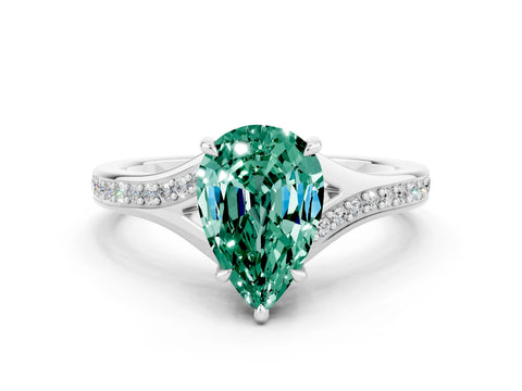 Silver Pear Cut Green Sapphire Solitaire Ring with Pavé Band and Prong Setting_12