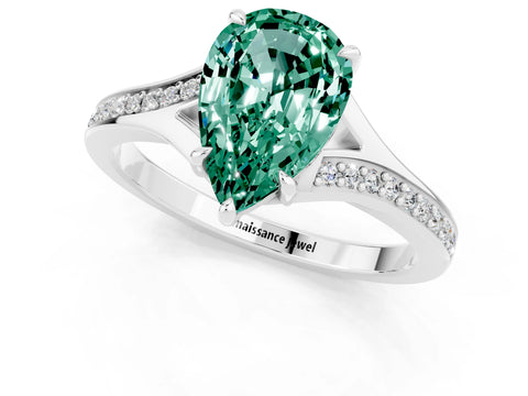 Silver Pear Cut Green Sapphire Solitaire Ring with Pavé Band and Prong Setting_13