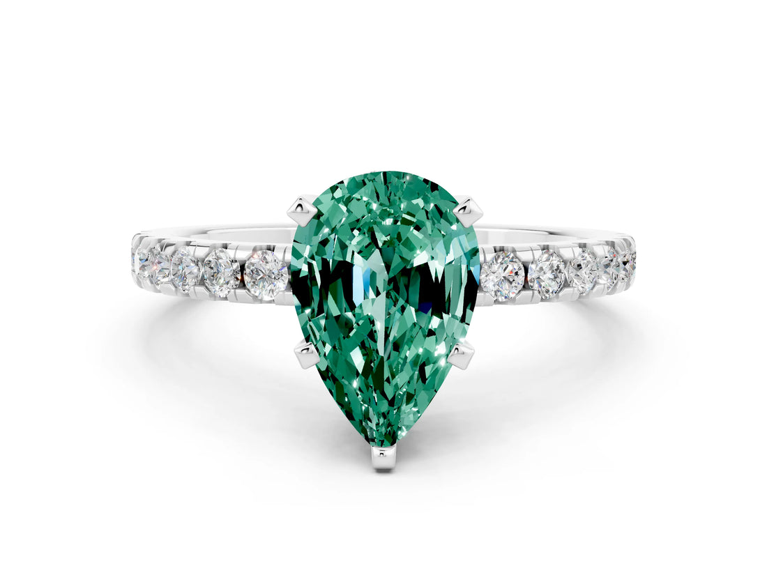 Silver Pear Cut Green Sapphire Solitaire Ring with Round  Pavé Band and Four-Prong Setting_36