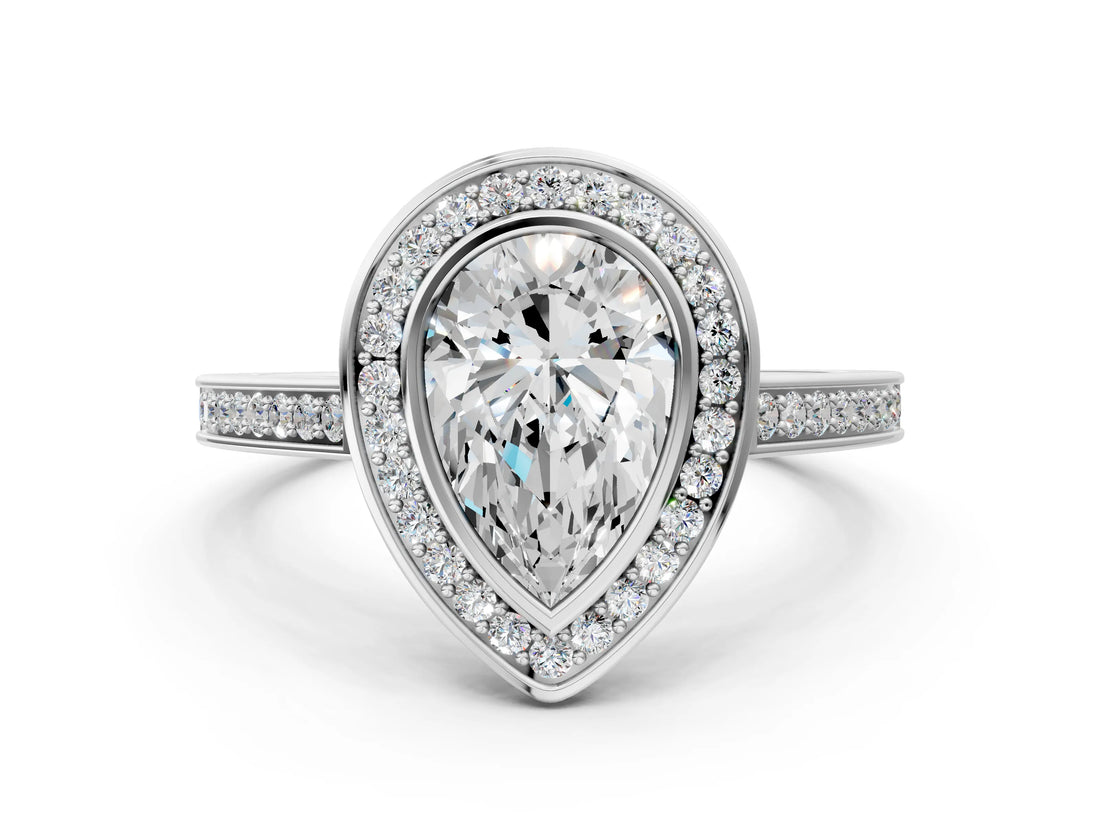 Silver Pear Cut Halo Bezel Diamond Pave Band Ring_13