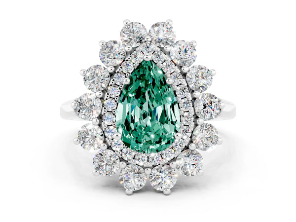 Silver Pear Cut Green Sapphire Floral Double Halo Engagement Ring with Prong Setting