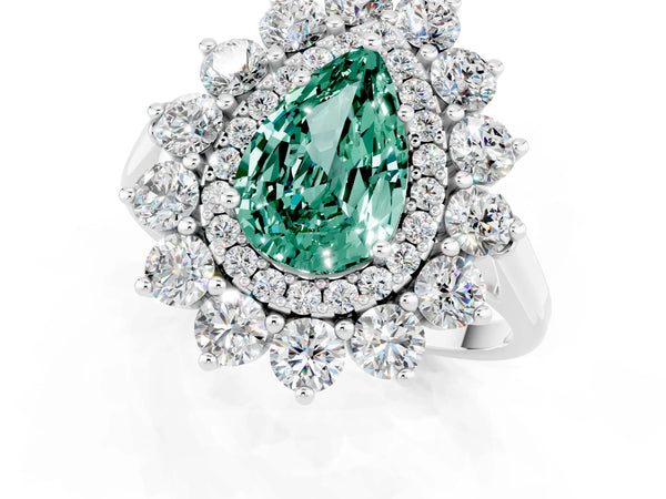 Silver Pear Cut Green Sapphire Floral Double Halo Engagement Ring with Prong Setting