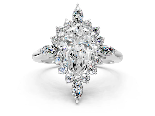 Silver Pear Cut Starburst Halo Engagement Ring Setting with Marquise and Round Accents