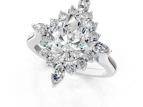 Silver Pear Cut Starburst Halo Engagement Ring Setting with Marquise and Round Accents