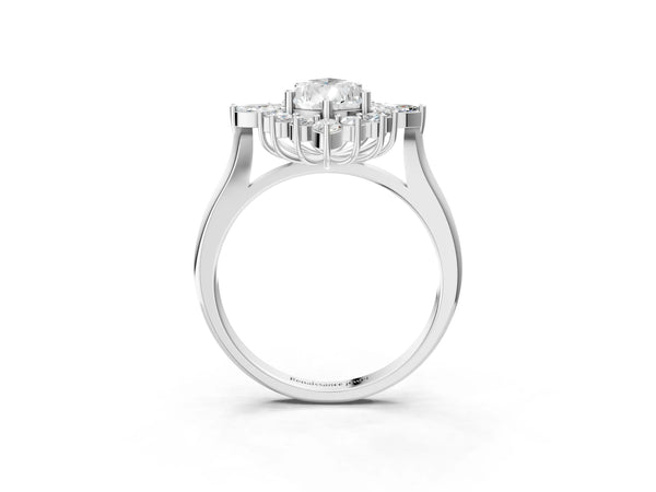 Silver Pear Cut Starburst Halo Engagement Ring Setting with Marquise and Round Accents