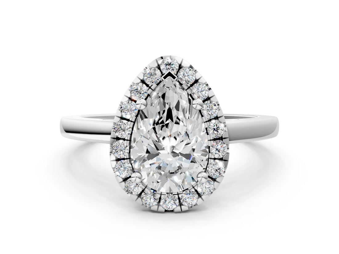 Silver Pear Cut Halo Diamond Solitaire Ring with Pear Cut Band and Four-Prong Setting_7