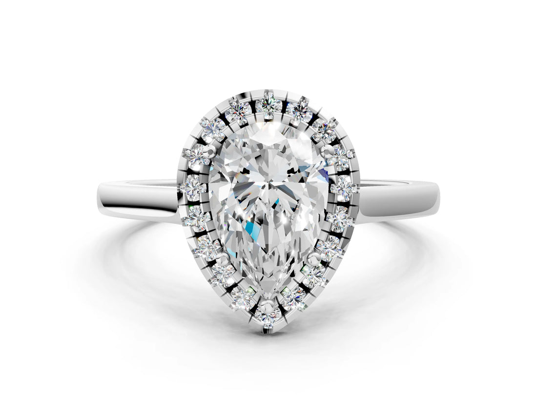 Silver Pear Cut Halo Round Diamond Solitaire Ring with Pavé Band and Four-Prong Setting_12