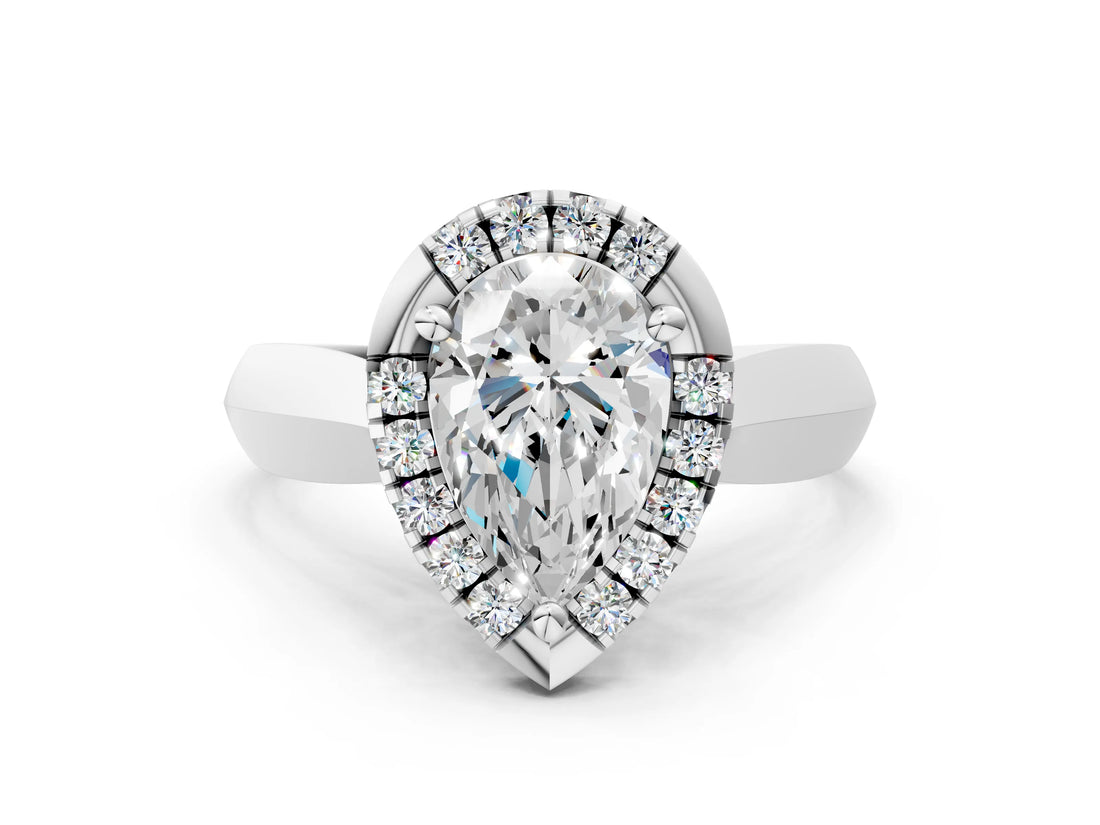 Silver Pear Cut Halo Solitaire Engagement Ring with Square Band and Four-Prong Setting_12