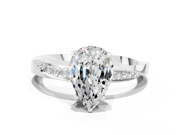 Silver Pear Cut Moissanite Engagement Ring with Side Stone Accents and Four-Prong Setting