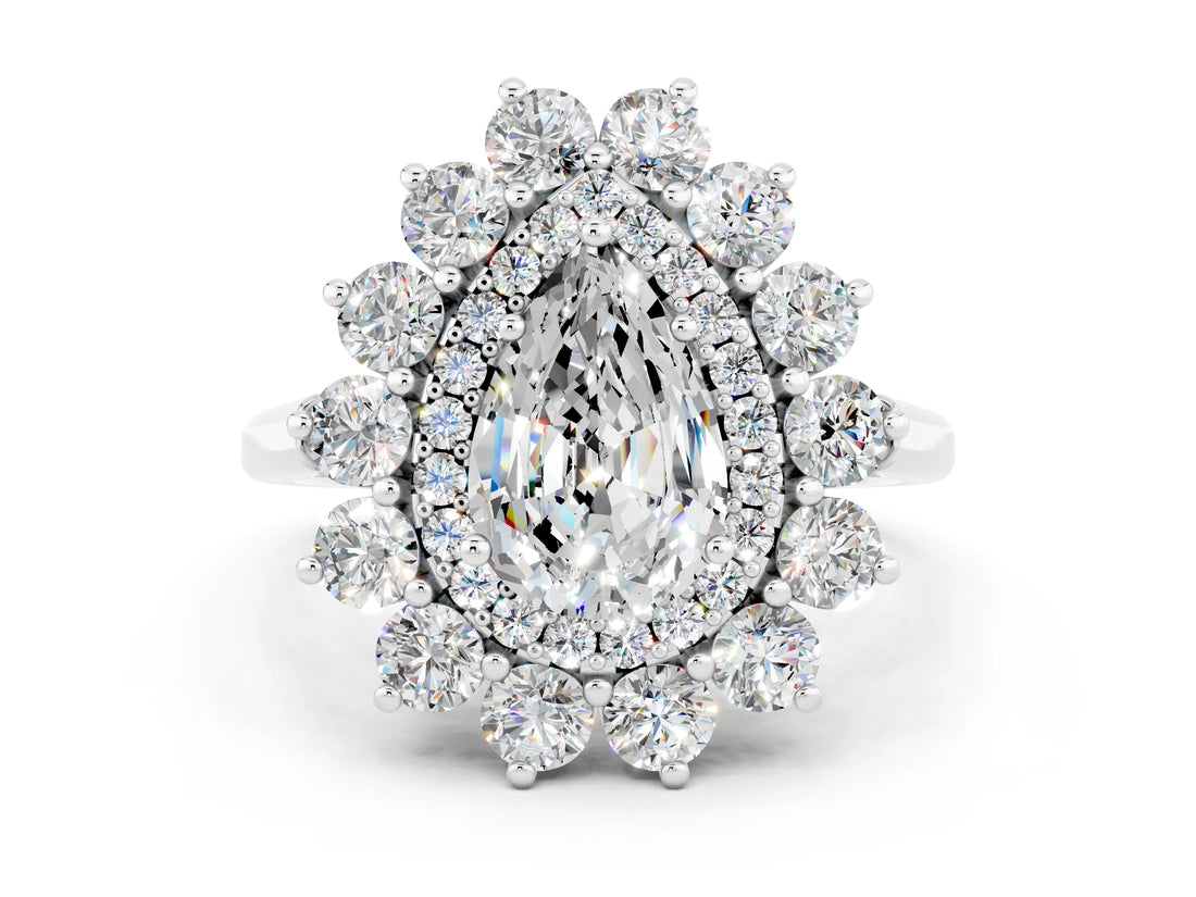 Silver Pear Cut Moissanite Floral Double Halo Engagement Ring with Prong Setting_144