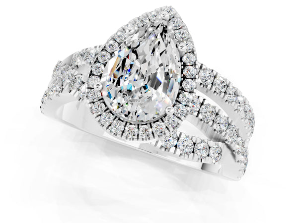 Silver Pear Cut Moissanite Halo Ring with Round Split Shank and Prong Setting