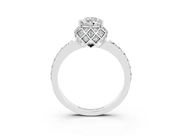 Silver Pear Cut Moissanite Scalloped Halo Engagement Ring with Round Shared Prong Band